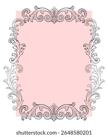 Beautiful vintage frame with ornate baroque scrolls and soft pink background. Hand-drawn engraving style, perfect for invitations, greeting cards, wedding templates, romantic designs, or classic decor