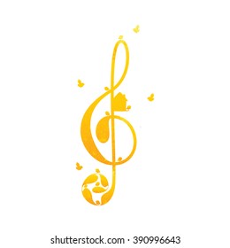 Beautiful vintage golden colored treble clef with floral elements, nesting box and birds on white background. Greeting card / invitation template. Design element