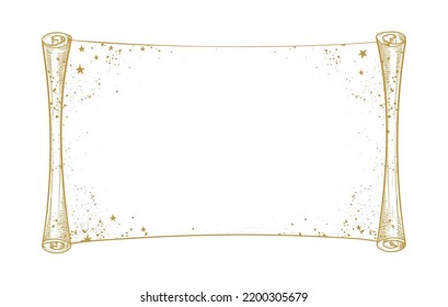 Beautiful vintage golden scroll with stars, space for text. Antique sheet of paper, line drawing, blank for astrology, esotericism, fortune telling, mystical design. Vector illustration isolated.