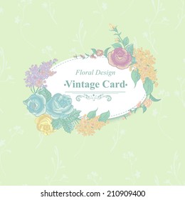 Beautiful Vintage Greeting Card with Bouquets of Wildflowers. Vector floral greeting card with blossom roses, spring background for wedding
