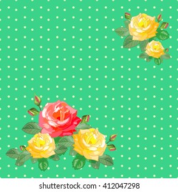 Beautiful  Vintage greeting card  with red and yellow roses on a green background with polka dots.Vector illustration with realistic flowers and leaves in retro style.