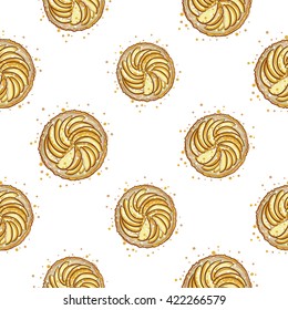 Beautiful vintage hand drawn apple pie seamless pattern. Cute artistic decoration for bakery menu background, market, shop, cafe design in watercolor style on white background