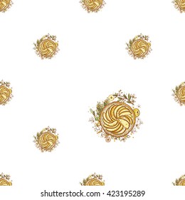 Beautiful vintage hand drawn apple pie logo seamless pattern. Cute artistic decoration for bakery menu background, market, shop, cafe design in watercolor style on white background