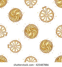Beautiful vintage hand drawn apple pie and pear pie seamless pattern. Cute artistic decoration for bakery menu background, market, shop, cafe design in watercolor style on white background