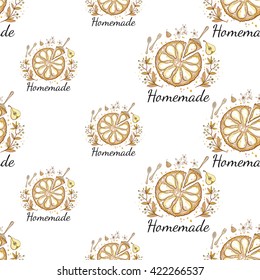 Beautiful vintage hand drawn backery logo seamless pattern. Cute artistic decoration for bakery menu background, market, shop, cafe design in watercolor style on white background