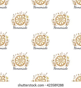 Beautiful vintage hand drawn backery logo seamless pattern. Cute artistic decoration for bakery menu background, market, shop, cafe design in watercolor style on white background