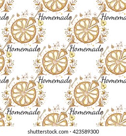 Beautiful vintage hand drawn backery logo seamless pattern. Cute artistic decoration for bakery menu background, market, shop, cafe design in watercolor style on white background