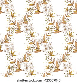 Beautiful vintage hand drawn branch flowers  seamless pattern. Cute artistic decoration for bakery menu background, market, shop, cafe design in watercolor style on white background