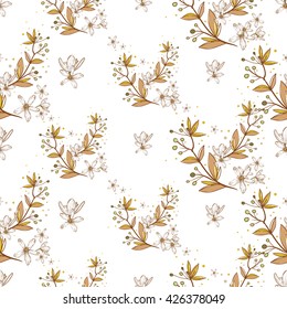 Beautiful vintage hand drawn branch flowers  and pear flowers seamless pattern. Cute artistic decoration for bakery menu background, market, shop, cafe design in watercolor style on white background