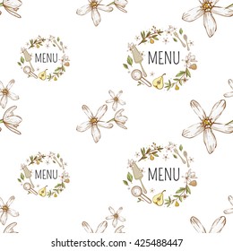 Beautiful vintage hand drawn confectionery menu and white flowers seamless pattern. Cute artistic decoration for bakery menu background market shop, cafe design in watercolor style on white background