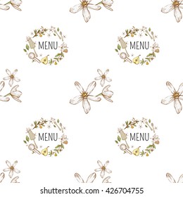 Beautiful vintage hand drawn confectionery menu and flowers seamless pattern. Cute artistic decoration for bakery menu background, market, shop, cafe design in watercolor style on white background