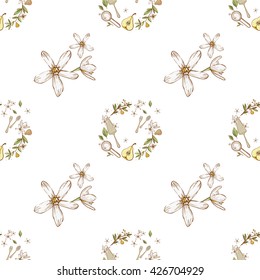 Beautiful vintage hand drawn flowers and confectionery wreath seamless pattern. Cute artistic decoration for bakery menu background, market, shop, cafe design in watercolor style on white background