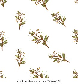 Beautiful vintage hand drawn green branch seamless pattern. Cute artistic decoration for bakery menu background, market, shop, cafe design in watercolor style on white background