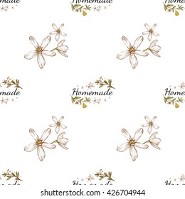 Beautiful vintage hand drawn homemade and white flowers seamless pattern. Cute artistic decoration for bakery menu background, market, shop, cafe design in watercolor style on white background