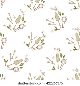 Beautiful vintage hand drawn kitchen tools seamless pattern. Cute artistic decoration for bakery menu background, market, shop, cafe design in watercolor style on white background