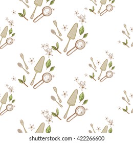 Beautiful vintage hand drawn kitchen tools seamless pattern. Cute artistic decoration for bakery menu background, market, shop, cafe design in watercolor style on white background