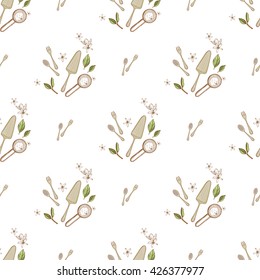Beautiful vintage hand drawn kitchen tools and flatware seamless pattern. Cute artistic decoration for bakery menu background, market, shop, cafe design in watercolor style on white background