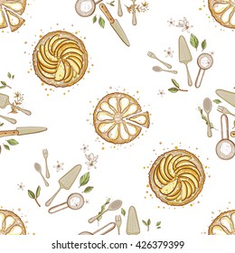 Beautiful vintage hand drawn kitchen tools, utensil, apple pie, pear pie seamless pattern. Cute artistic decoration for bakery menu background, market, shop, cafe design on white background