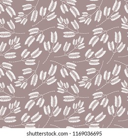 Beautiful vintage hand drawn leaf seamless pattern. Cute decoration for home decor. Embroidery stitches imitation.