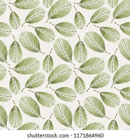 Beautiful vintage hand drawn leaf seamless pattern. Cute decoration for home decor. Embroidery stitches imitation.