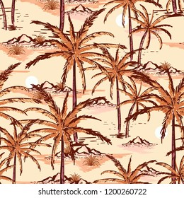 Beautiful vintage Hand drawn and line sketch summer island ,beach and palm trees seamless pattern vector design for fashion,fabric,wallpaper and all prints on light beige color background