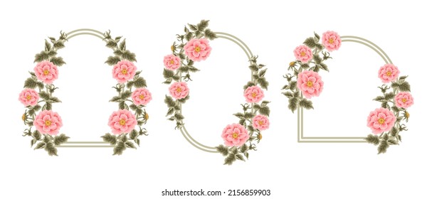 Beautiful and vintage hand drawn peach pink rosa canina flowers and green leaf frame arrangement template set for wedding invitation or greeting card