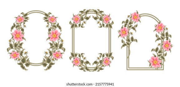 Beautiful and vintage hand drawn peach pink rosa canina flowers and green leaf frame arrangement template set for wedding invitation or greeting card