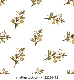Beautiful vintage hand drawn pear branch  seamless pattern. Cute artistic decoration for bakery menu background, market, shop, cafe design in watercolor style on white background
