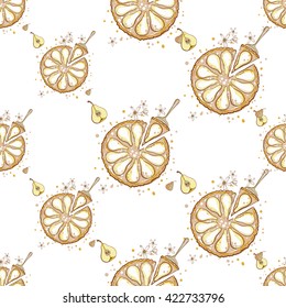 Beautiful vintage hand drawn pear pie logo seamless pattern. Cute artistic decoration for bakery menu background, market, shop, cafe design in watercolor style on white background