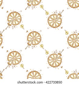 Beautiful vintage hand drawn pear pie logo seamless pattern. Cute artistic decoration for bakery menu background, market, shop, cafe design in watercolor style on white background