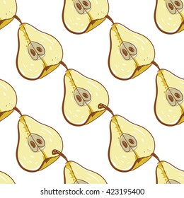 Beautiful vintage hand drawn pear half seamless pattern. Cute artistic decoration for bakery menu background, market, shop, cafe design in watercolor style on white background