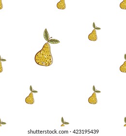 Beautiful vintage hand drawn pear seamless pattern. Cute artistic decoration for bakery menu background, market, shop, cafe design in watercolor style on white background