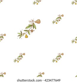 Beautiful vintage hand drawn pear flowers  seamless pattern. Cute artistic decoration for bakery menu background, market, shop, cafe design in watercolor style on white background