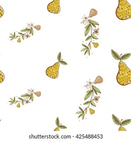 Beautiful vintage hand drawn pear flowers  and pear seamless pattern. Cute artistic decoration for bakery menu background, market, shop, cafe design in watercolor style on white background