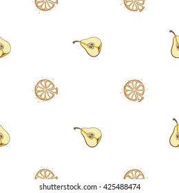 Beautiful vintage hand drawn pear half and pear pie seamless pattern. Cute artistic decoration for bakery menu background, market, shop, cafe design in watercolor style on white background