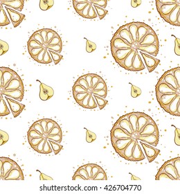 Beautiful vintage hand drawn pear half and pear pie seamless pattern. Cute artistic decoration for bakery menu background, market, shop, cafe design in watercolor style on white background