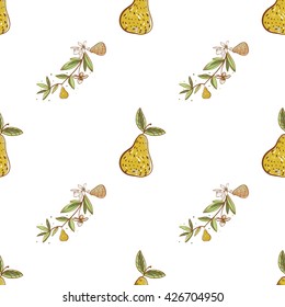 Beautiful vintage hand drawn pear flowers  and pear seamless pattern. Cute artistic decoration for bakery menu background, market, shop, cafe design in watercolor style on white background
