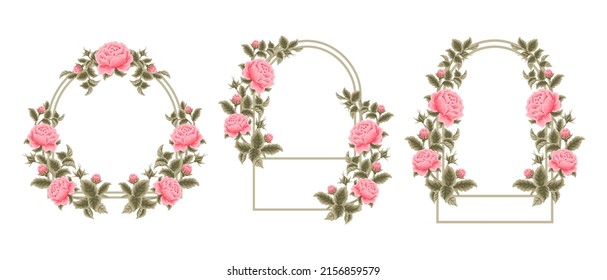 Beautiful and vintage hand drawn pink rose flower and green leaf frame arrangement template set for wedding invitation or greeting card