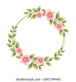 Beautiful and vintage hand drawn sakura flower wreath element. Pink dog-rose flower and green leaf arrangement for wedding invitation or greeting card 