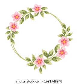 Beautiful and vintage hand drawn sakura flower wreath element. Pink dog-rose flower and green leaf arrangement for wedding invitation or greeting card 