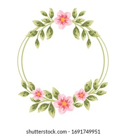 Beautiful and vintage hand drawn sakura flower wreath element. Pink dog-rose flower and green leaf arrangement for wedding invitation or greeting card 