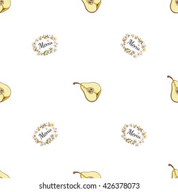 Beautiful vintage hand drawn spring menu and pear half seamless pattern. Cute artistic decoration for bakery menu background, market, shop, cafe design in watercolor style on white background