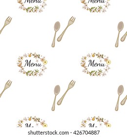 Beautiful vintage hand drawn spring menu and flatware seamless pattern. Cute artistic decoration for bakery menu background, market, shop, cafe design in watercolor style on white background