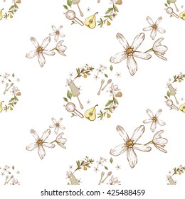 Beautiful vintage hand drawn white flowers and confectionery wreath seamless pattern. Cute artistic decoration for bakery menu background, market, shop design in watercolor style on white background