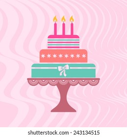 Beautiful vintage happy birthday card with colorful cake