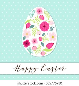Beautiful vintage Happy Easter card as big egg decorated with hand drawn first spring flowers