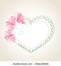 Beautiful vintage heart frame with hand-drawn lilies flowers. Vector template for the design of greetings Happy Valentine's Day.