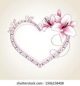 Beautiful vintage heart frame with hand-drawn lilies flowers. Vector template for the design of greetings Happy Valentine's Day.