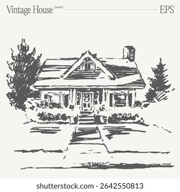 A Beautiful Vintage House Illustration Featuring a Lovely Garden Setting and Surroundings