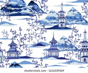 Beautiful vintage ink chinese pagodas, mountains, trees in chinoiserie style for fabric, interior design. Hand drawn landscape vector seamless pattern.

